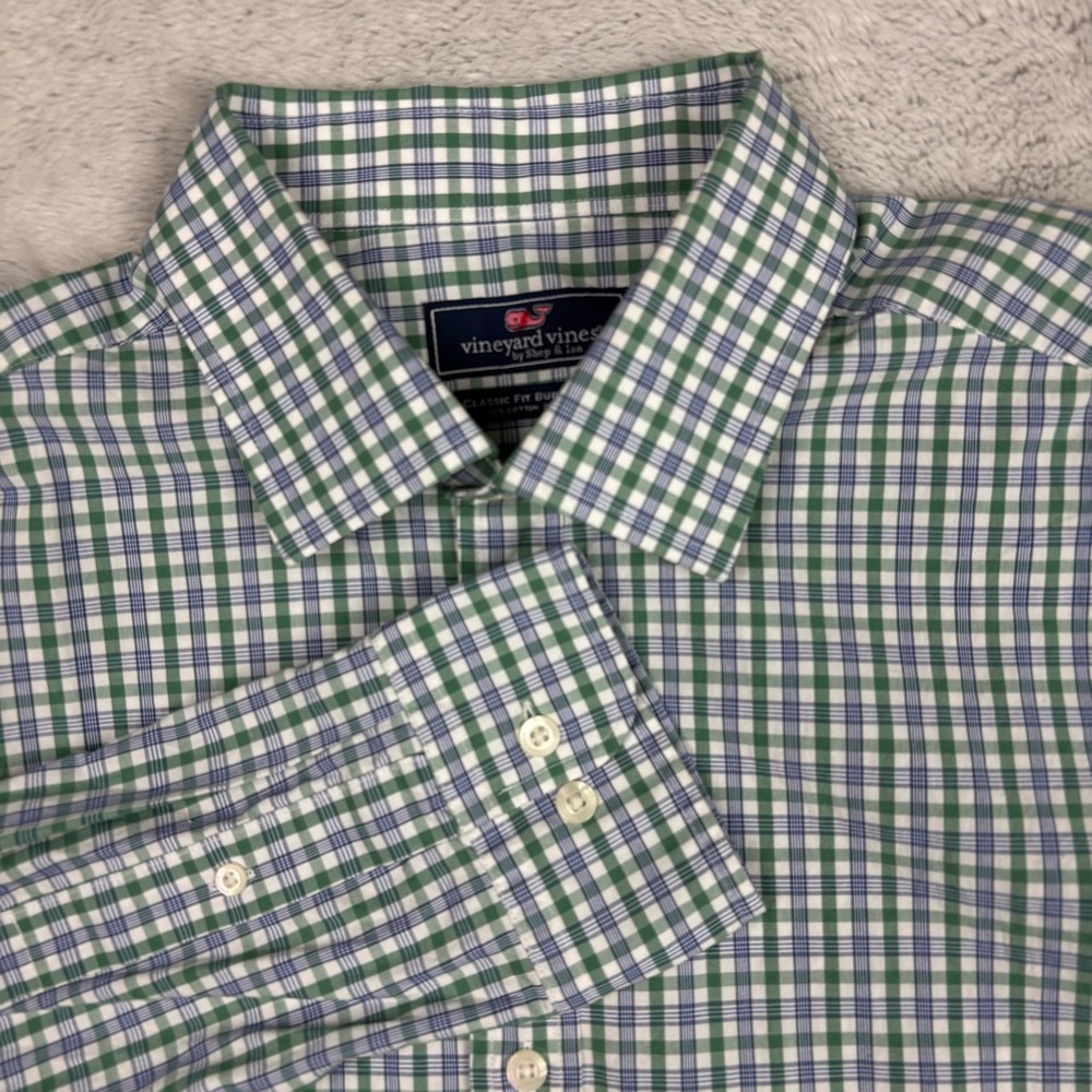 Vineyard Vines Classic Fit Burgee Shirt Green Blue Plaid‎ Long Sleeve Men's XL